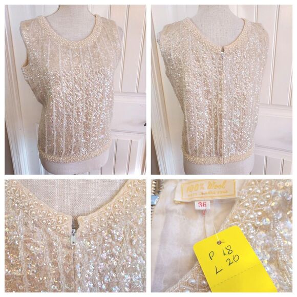 Tops - Ivory sequin & beaded tank top poly lined wool zip back vintage small